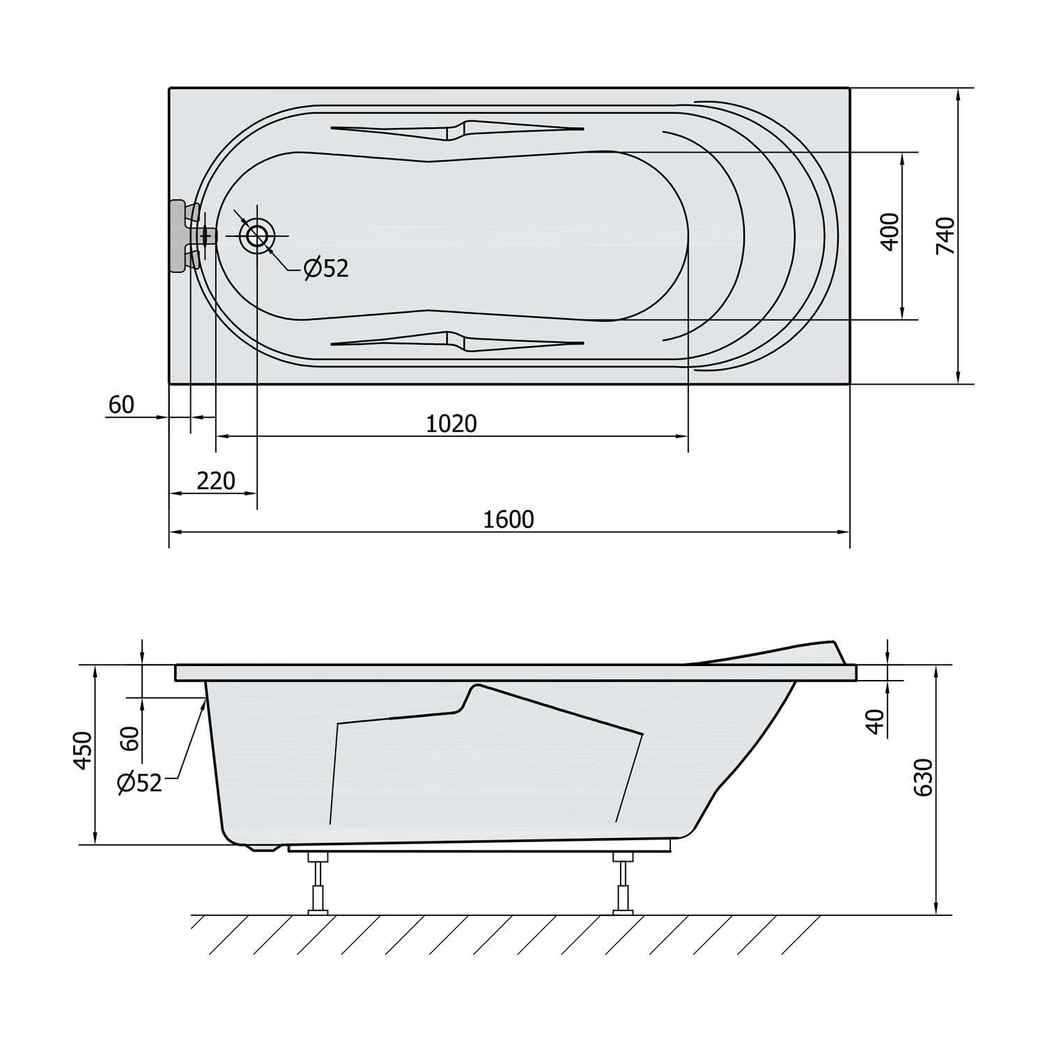 ADRIANA obdélníková vana 160x74x45cm, bílá